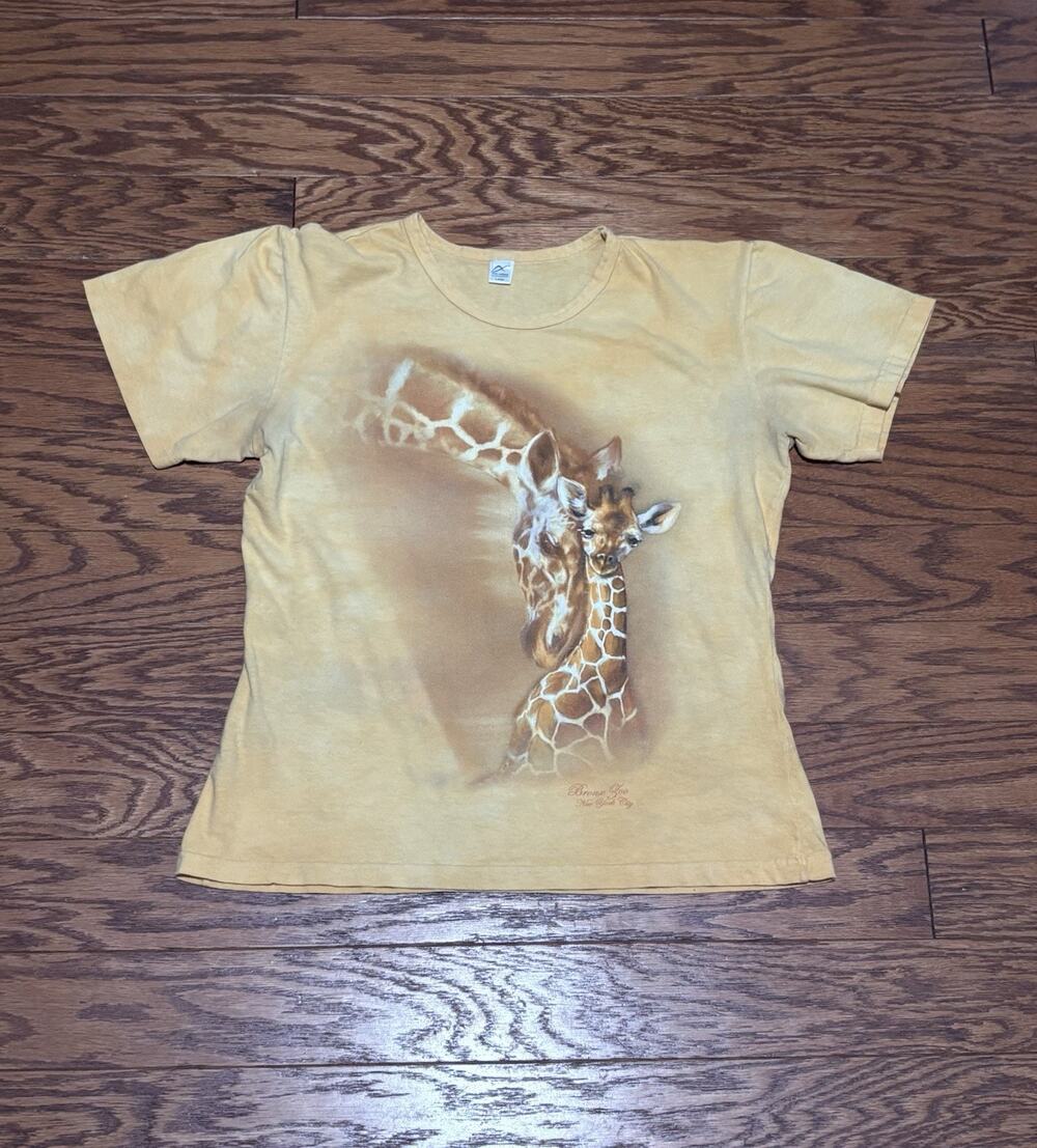 Vintage Women's NYC Bronx Zoo Yellow Tie Dye Giraffe Graphic Print T-Shirt, Sz L